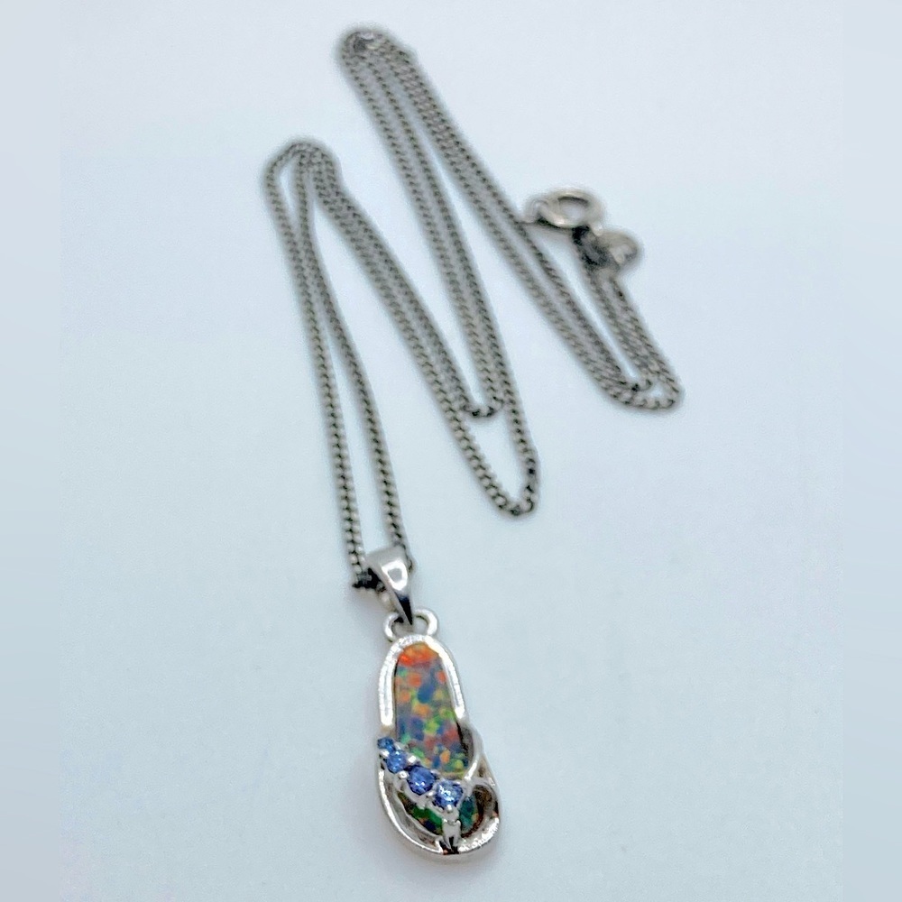 Vtg Sterling Silver Opal & Purple CZ Sandal Thong Pendant Necklace 18” + 1”